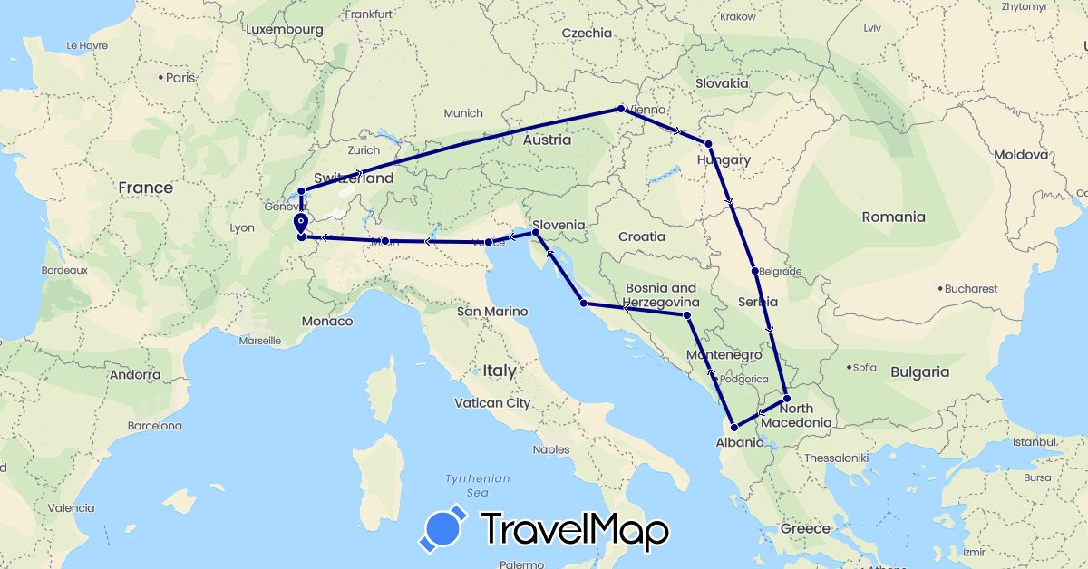 TravelMap itinerary: driving in Albania, Austria, Bosnia and Herzegovina, Switzerland, France, Croatia, Hungary, Italy, Macedonia, Serbia (Europe)
